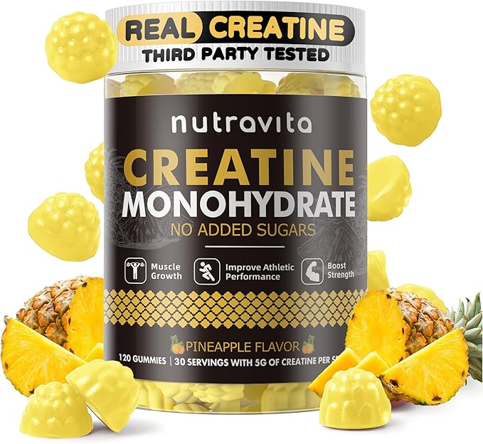 Nutravita Creatine Monohydrate Gummies for Men & Women-5g of Creatine Monohydrate per Serving - Sugar Free,Vegan,Pineapple Flavor, 120 Count