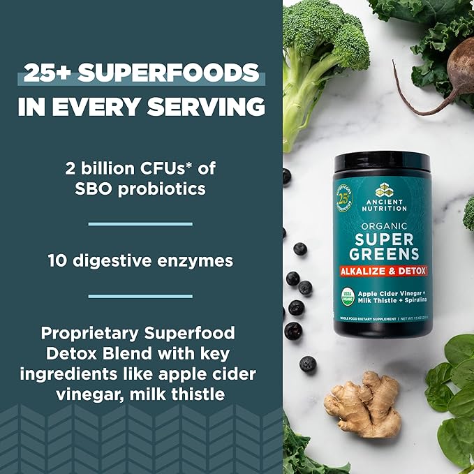 Ancient Nutrition Supergreens Alkalize & Detox Powder, Organic Superfood Powder Made from Real Fruits, Vegetables and Herbs, for Digestive and Energy Support, 25 Servings, 7.5oz