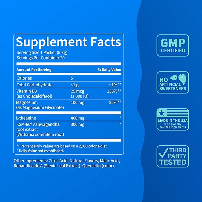 Nello Supercalm Drink Mix - Ashwagandha KSM 66, Magnesium Glycinate & L-Theanine Supplement, Vitamin D3 - Ashwagandha Root Extract - Focus and Relaxation Support (20 Travel Packets) - Lemon Lime