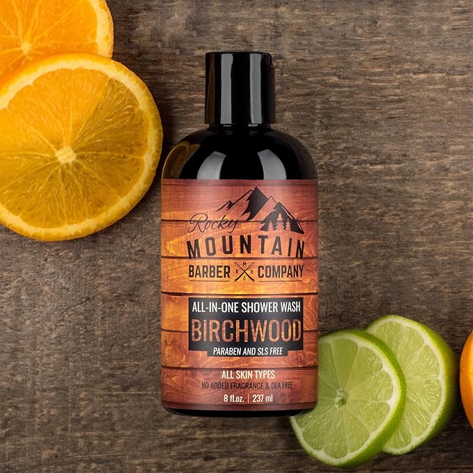Rocky Mountain Barber Company Birchwood All-In-One Body Wash – Shampoo, Body Wash, Conditioner, Face Wash & Beard Wash with Essential Oils - 8 oz