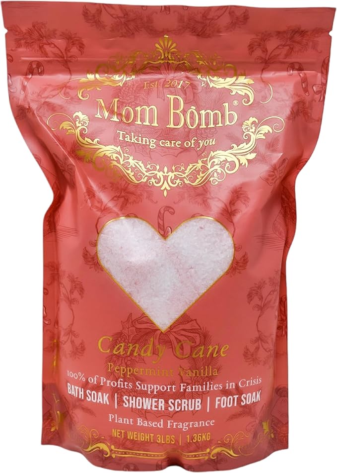 Mom Bomb Candy Cane Epsom Salt Bath Soak (Peppermint) – Natural Magnesium Salt with Essential Oils – Relaxing Aromatherapy for Stress Relief, Muscle & Foot Soak – Made in USA, 3 lbs