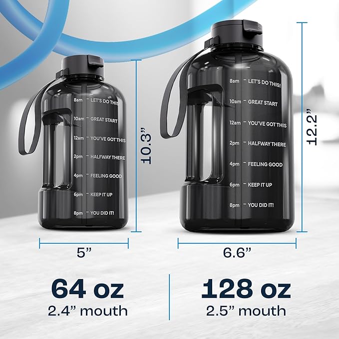 AQUAFIT Half Gallon Water Bottle with Time Marker - Straw & Chug Lid - BPA Free Gym Water Bottle with Straw - Big Gallon Jug (Midnight Gray, 64 oz - 2 Lids)