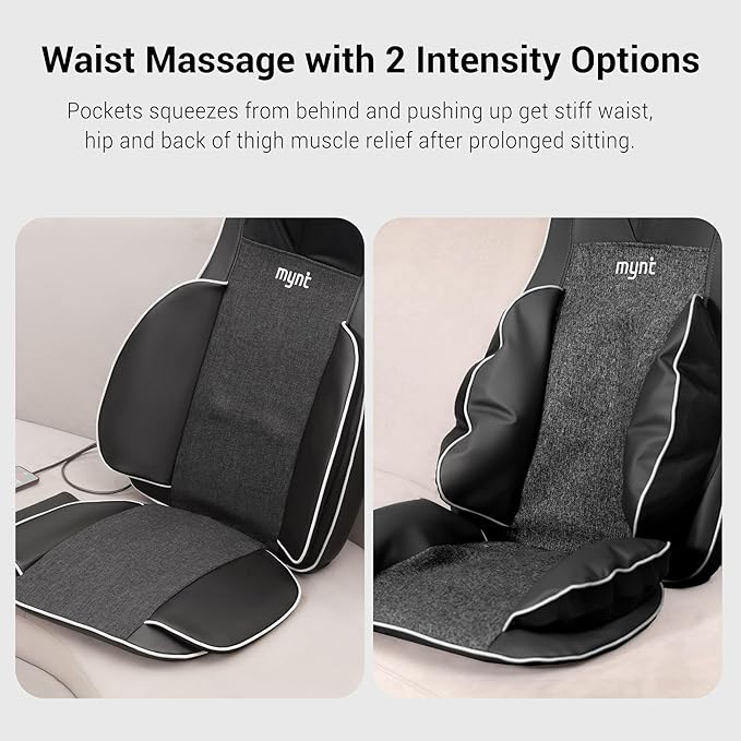 Mynt 2D & 3D Shiatsu Neck and Back Massager for Chair with 10 Deep Kneading Nodes, Back Massage with Heat, Portable Spot Massage Chair Pad (Black)
