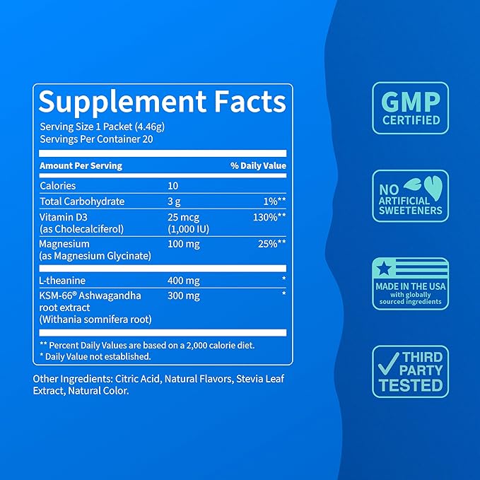 Nello Supercalm Drink Mix - Ashwagandha KSM 66, Magnesium Glycinate & L-Theanine Supplement, Vitamin D3 - Ashwagandha Root Extract - Focus and Relaxation Support (20 Travel Packets) - Yuzu Guava