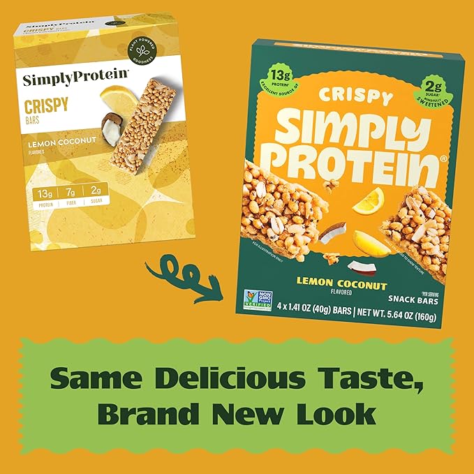 Simply Protein - Lemon Coconut Crispy Bars - Plant Based Protein Bars - Low Carb, Low Sugar, High Fiber - 13g Protein, 2g Sugar, 7g Fiber - Vegan, Gluten Free, Non GMO, Kosher - 32 Bars