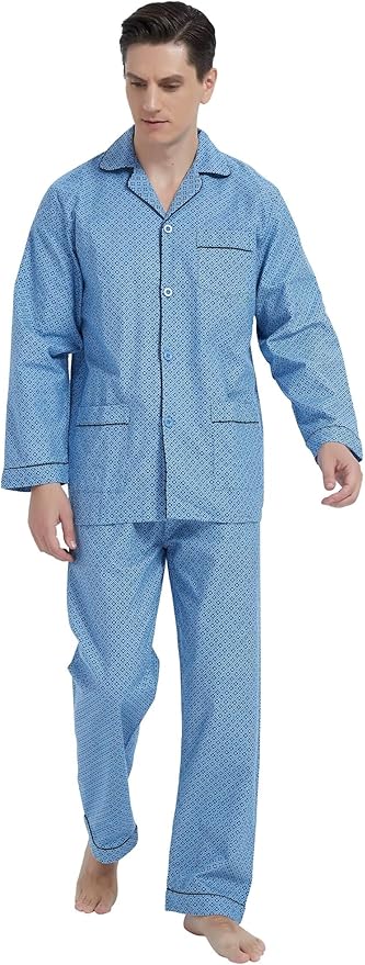 GLOBAL Men's Pajamas Sets 100% Cotton Flannel Sleepwear Long-Sleeve top & Bottom