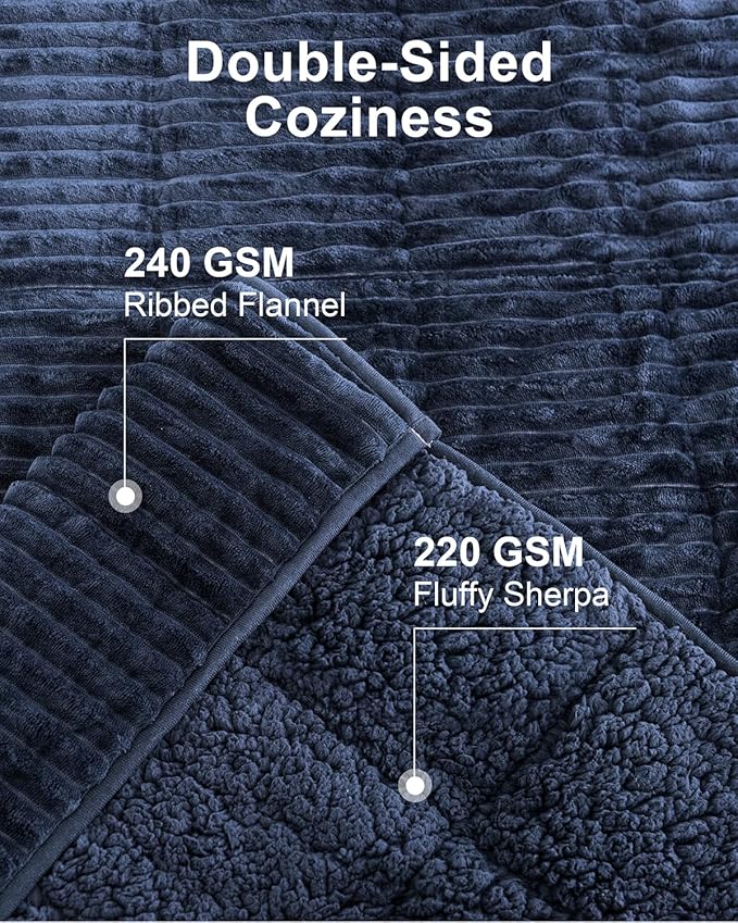 Sherpa Fleece Weighted Blanket with Ribbed Stripes for Adults, 15 lbs Dual Sided Cozy Warm Blanket for Couch Full Size Bed, Ceramic Beads Heavy Thick Blankets Great for Sleep, Navy Blue, 60" x 80"