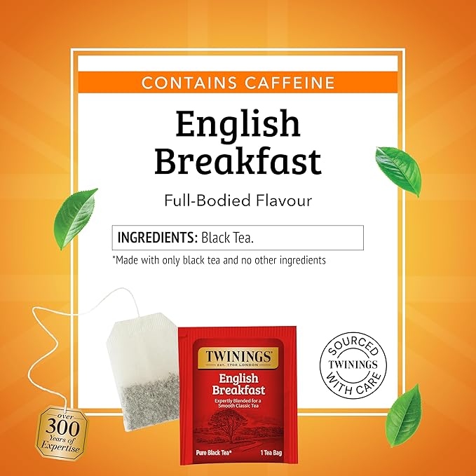 Twinings English Breakfast Black Tea Individually Wrapped Bags, 25 Count (Pack of 6), Flavourful, Robust Black Tea, Caffeinated, Enjoy Hot or Iced, 150 Teabags