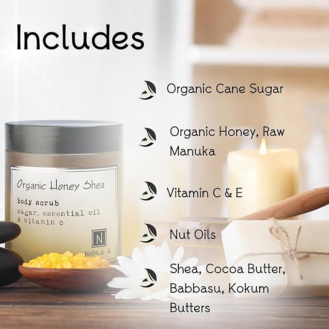 Organic Honey Shea Body Scrub Made in USA with Essential Oil and Vitamin C by Nabila K - Exfoliate and Moisturize for Smooth Skin - Luxury for Women & Men, 3 oz
