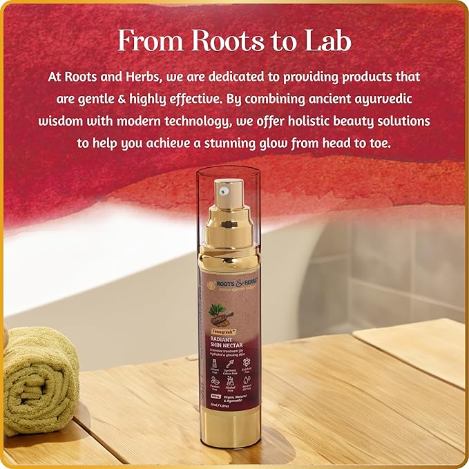 ROOTS AND HERBS Ayurvedic Skin Nectar Natural Treatment 100% For Hydrated and Glowing Skin Vegan Fenugreek Skin Food Serum and Moisturiser for Face and Neck, 1.01oz
