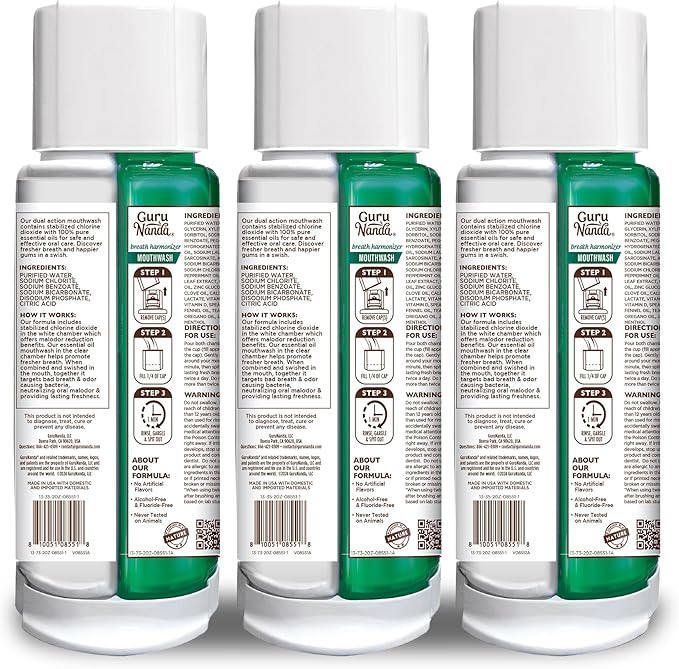 GuruNanda Dual Barrel Breath Harmonizer Mouthwash - Freshens Breath - Alcohol & Fluoride Free with Sodium Chlorite & Essential Oils - Wild Mint Flavor, 3 Pack