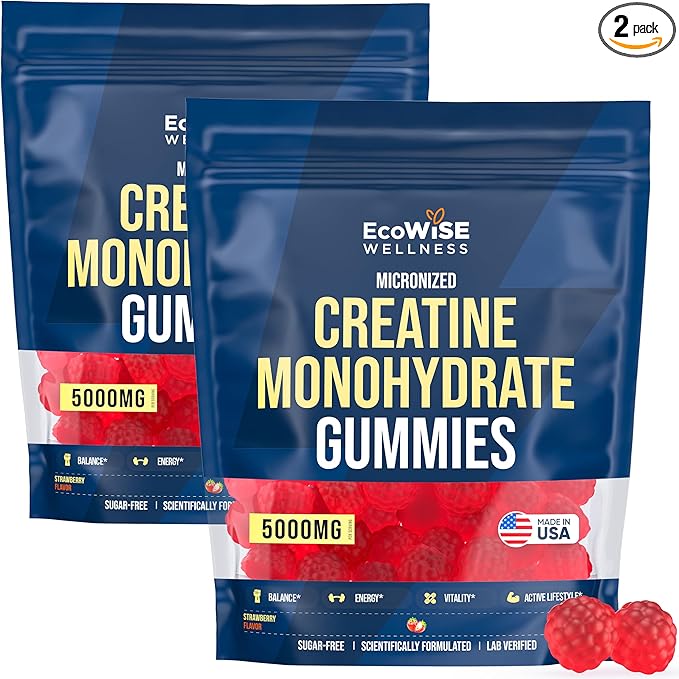 EcoWise Wellness Creatine Monohydrate Gummies 5000 mg, Strawberry Flavor, 120 Sugar-Free Vegan Chews, Creatine Supplement for Daily Routine, Pack of 2