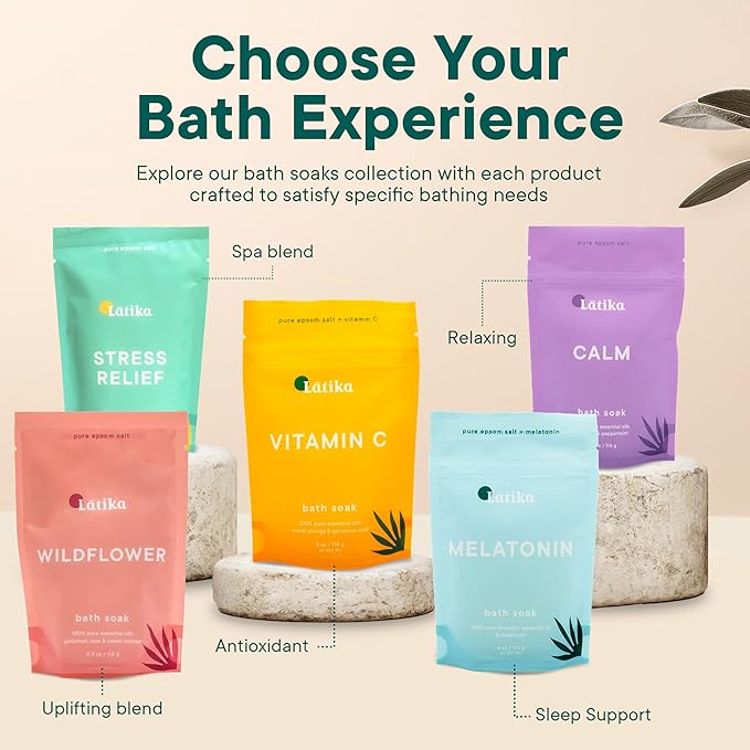 Latika Soaks Set of 3 - Calm Bath Soaks with Lavender & Peppermint, Moisturizing Epsom Salt Soak for Stress Relief, Relaxation, and Skin Nourishment, at-Home Spa Retreat Gift