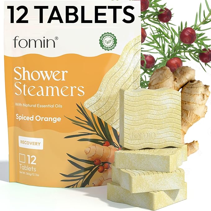 FOMIN Aromatherapy Shower Steamers - 12 Count - Spiced Orange Bath Bombs with Essential Oils for Stress Relief & Relaxation - Self Care, Spa Gifts for Women and Men - Shower Aroma for Body Wellness