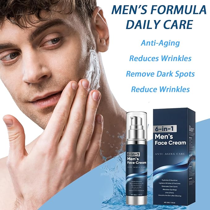 6 in 1 Face Cream for Men – Anti Aging Men’s Moisturizer with Collagen, Hyaluronic Acid and Shea Butter – Daily Skin Care – Reduce the Look of Eye Bags, Dark Circles and Puffiness – 1.76 fl oz (1)