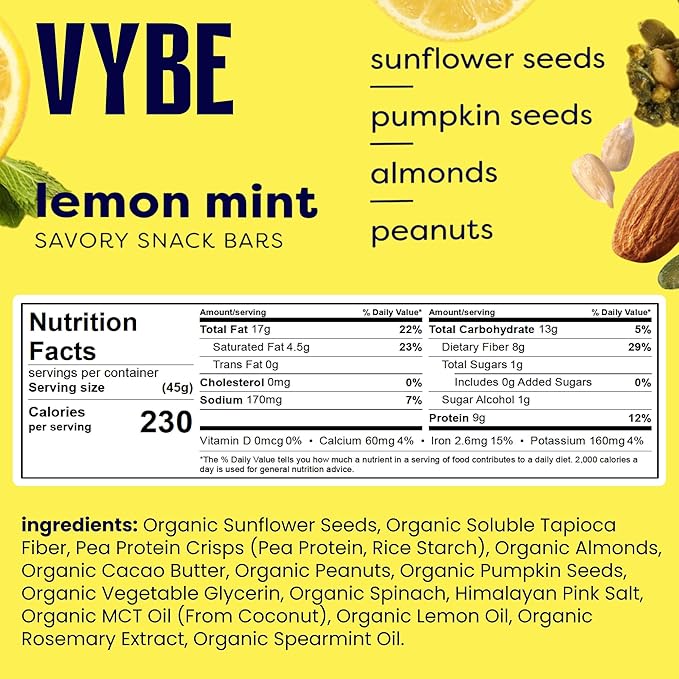 Vybe Snacks Savory Snack Bars – Lemon Mint Flavor | Crunchy & Delicious | Zero-Added Sugar, Gluten-Free, Plant-Based Goodness, Keto-Friendly, No Artificial Ingredients (Box of 12, 45g each)
