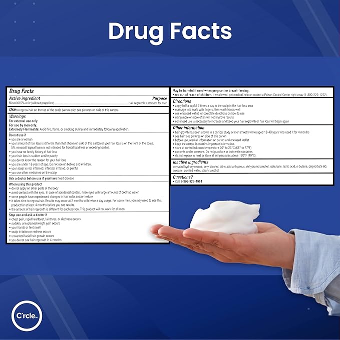 C’rcle Men's Minoxidil 5% Foam - Unscented 6 Month Supply - Helps Restore Vertex Hair Loss & Thinning - Extra Strength Supports Hair Regrowth for Men