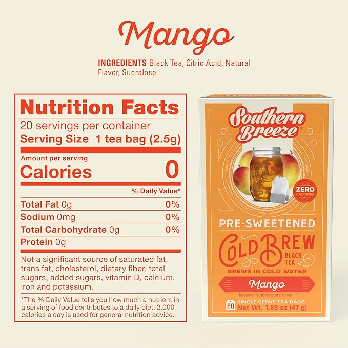 Southern Breeze Cold Brew Sweet Tea Mango Iced Tea with Black Tea and Zero Carbs Zero Sugar, 20 Individually Wrapped Tea Bags, Pack of 4