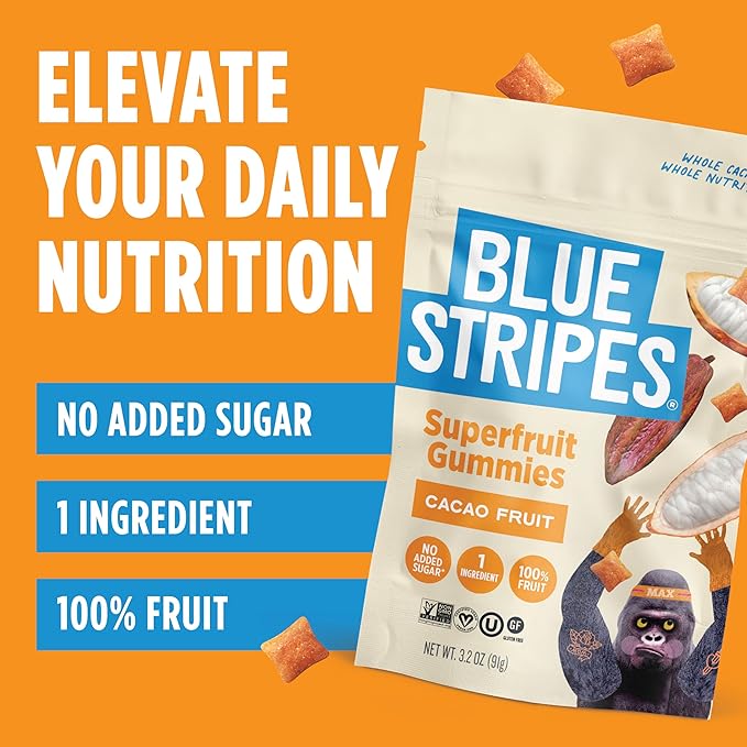 Blue Stripes Cacao Superfruit Gummies - Vegan Chewy Fruity Snack, No Sugar Added 100% Fruit Gummy, 9 Essential Vitamins & Minerals, Natural Tropical Superfood, Use on Granola, Yogurt - 3.2 oz (4 Pack)
