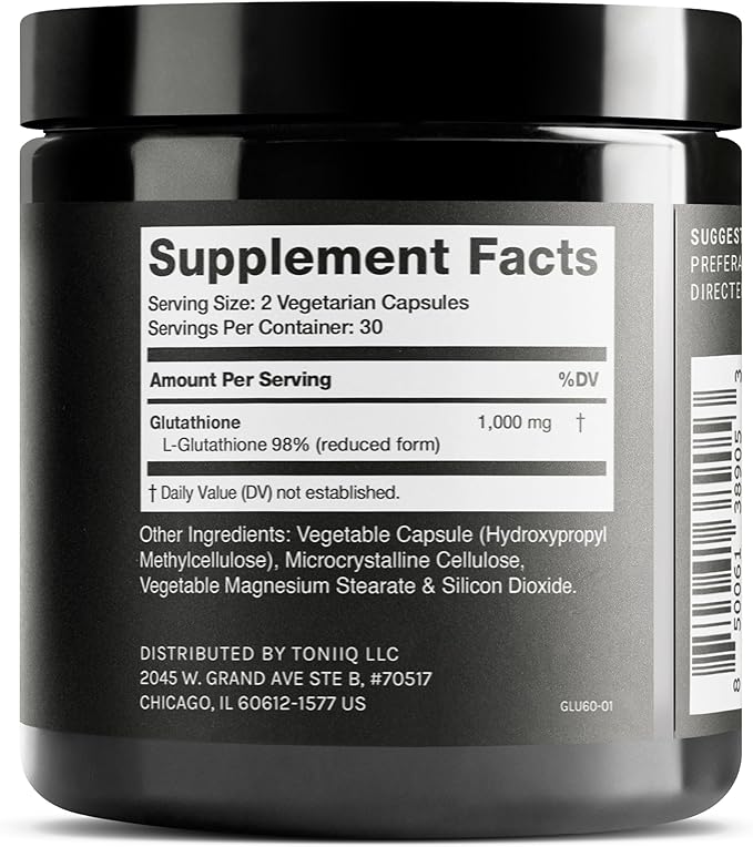Toniiq Ultra High Strength Glutathione Capsules - 1000mg Concentrated Formula - 98%+ Highly Purified and Bioavailable - Non-GMO Fermentation - 60 Capsules Reduced Glutathione Supplement
