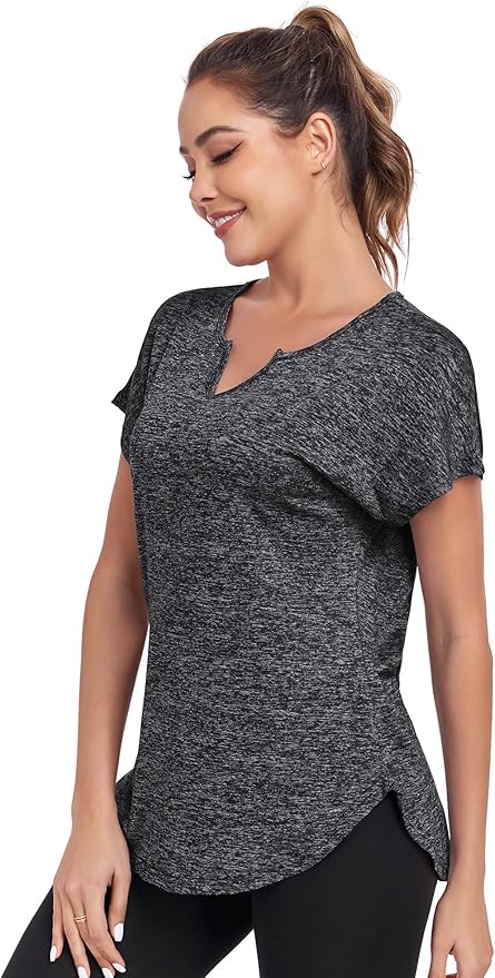 Women's Short Sleeve Workout Shirts V Neck Exercise Yoga Basic Top Quick Dry Side Split