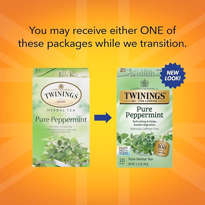 Twinings Pure Peppermint Herbal Tea Individually Wrapped Bags, 20 Count (Pack of 1), Fresh Minty Flavour, Naturally Caffeine-Free, Enjoy Hot or Iced, 20 Teabags