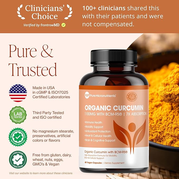 Organic Turmeric Curcumin with Black Pepper & BCM-95 - for Inflammatory Support, Brain & Immune Health - 60 Vegan Turmeric Capsules, 1000mg Per Serve - Herbal Curcumin Supplements