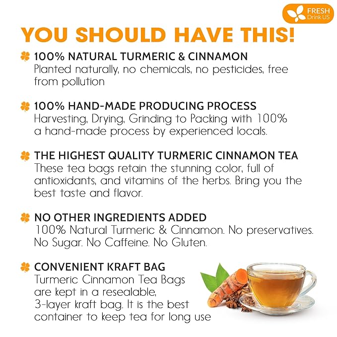 FreshDrinkUS, Premium 135 Turmeric Cinnamon Tea Bags, 100% Natural, Blend of Turmeric, and Cinnamon. Made with Natural Material Tea Bags. No Sugar. No Caffeine. Vegan.