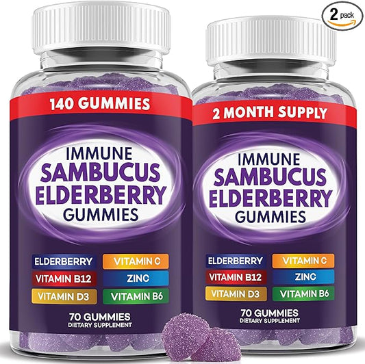 Elderberry Gummies Immune Support, Daily Support for Kids and Adults*, with Sambucus Elderberry, Zinc, Vitamin C, D3, B6, B12, Plus - Dietary Supplement - 140 Count