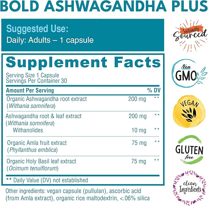 Bold Botanica Ashwagandha Plus – Stress, Mood, Memory & Energy Support – Potent Extracts of Root and Leaf with Amla & Holy Basil – Triple Adaptogenic Formula – One Capsule Daily – 30 Vegan Caps