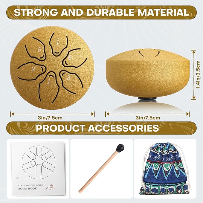 Facmogu 3 Inch 6 Notes Rain Drum for Outside Garden, Steel Tongue Drum Hand Drums with Bag Sticks Music Book, Mini Chakra Drum Musical Education Entertainment Gifts for Kids - Gold (Bowling Pattern)