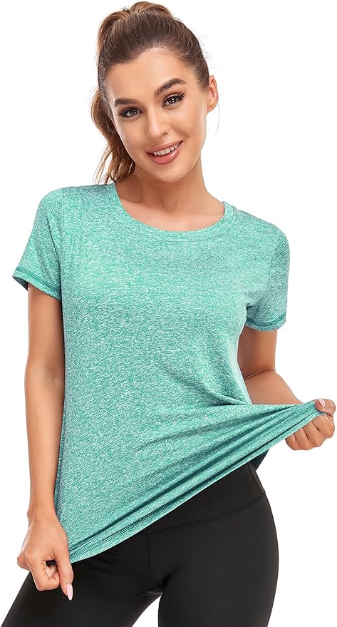 Women's Short Sleeve Workout Shirts Crewneck Sports Yoga Running Dry Fit Tops Side Split Tee