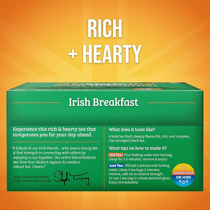 Twinings Irish Breakfast Black Tea Individually Wrapped Bags, 50 Count (Pack of 6), Flavourful, Bold, Robust, Caffeinated, Enjoy Hot or Iced, 300 Teabags