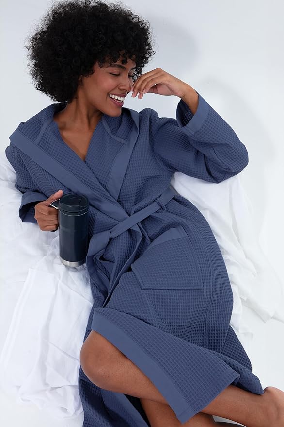 SEYANTE Women’s Luxury Waffle Shawl Collar, Hooded Robe w Piping – Lightweight, Long, Ultra Soft Spa Sleepwear Bathrobe