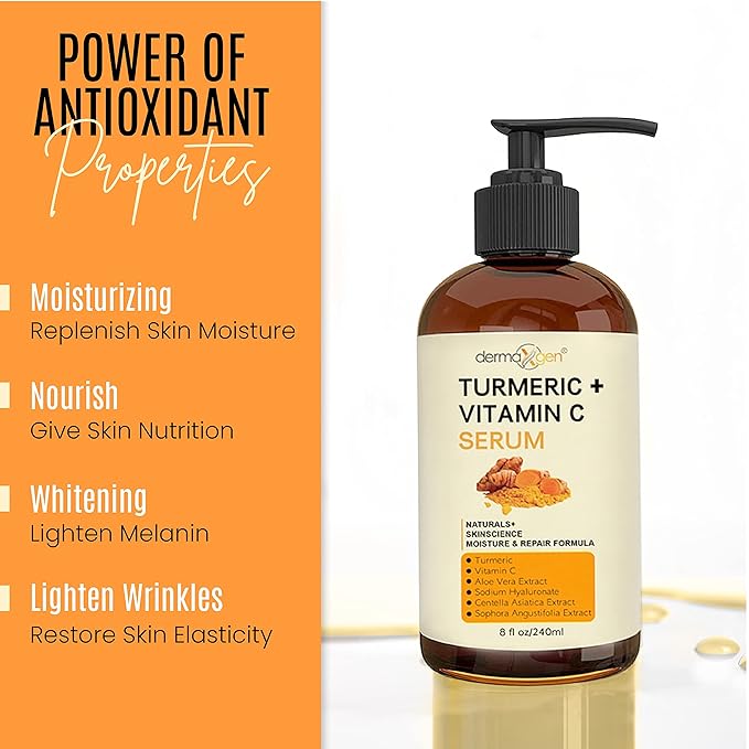 Turmeric Serum for Face + Glow-Boosting Vitamin C Serum - Organic Moisturizer for Dark Spots & Clear Wrinkles - Boosts Hydration for Dry & Tired Skin - Anti-Aging Formula for Glowing Skin - 8 FL OZ