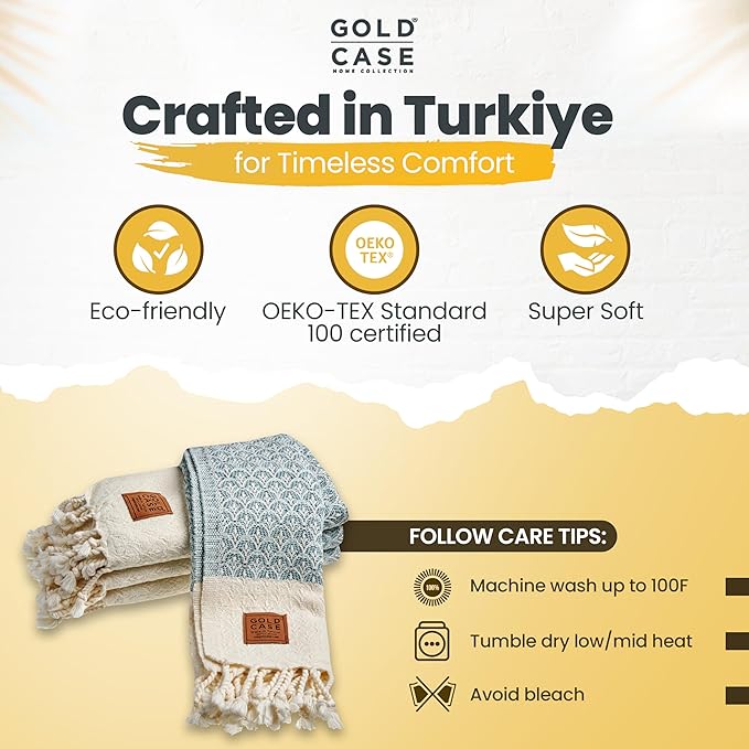 Gold CASE Turkish Hand Towels for Bathroom Set of 4 – 100% Cotton Bathroom Towels – Helen Kitchen Small Towel for Spa, Face, Tea & Dishcloth – Decorative Patterned Weave – Aqua