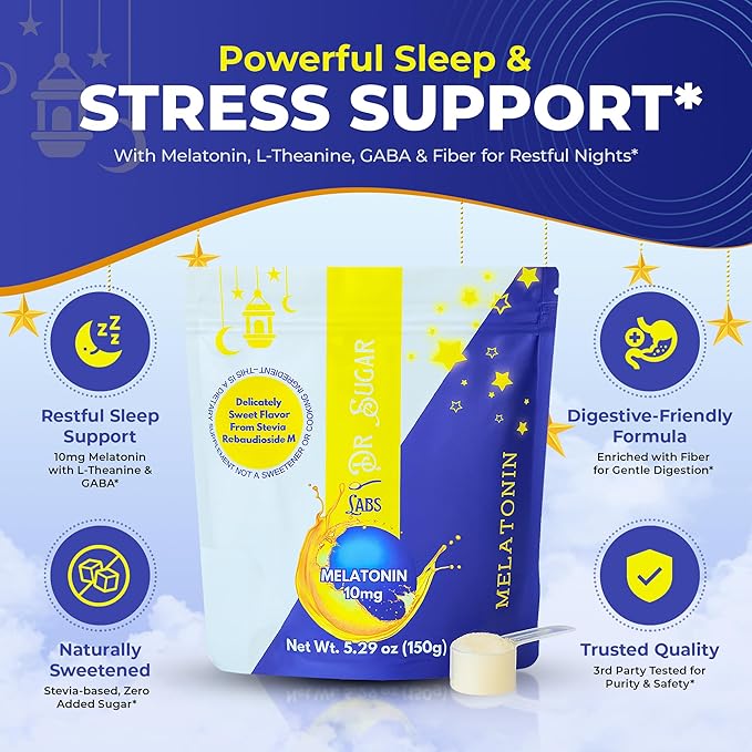 Dr Sugar Labs โ Sleep Aid Melatonin Powder Made in USA | Enjoy in Warm Milk or Herbal Tea | 10mg Melatonin Sleep Supplement | 0 Sugar, Stevia-Sweetened with L-Theanine, GABA & Fiber | 30 Servings