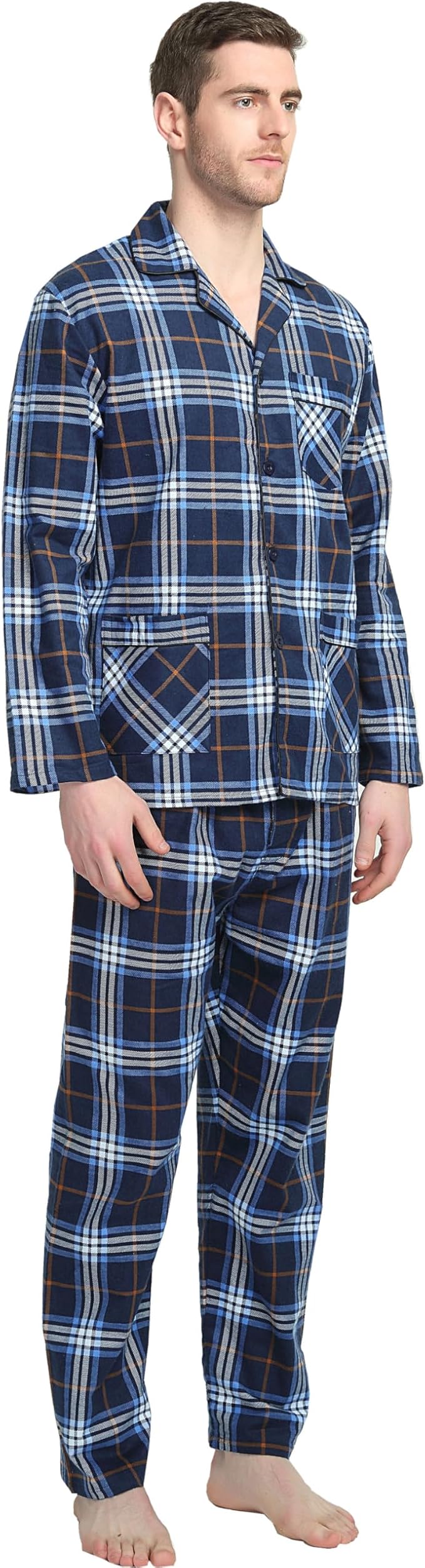 GLOBAL Men's Pajamas Sets 100% Cotton Flannel Sleepwear Long-Sleeve top & Bottom