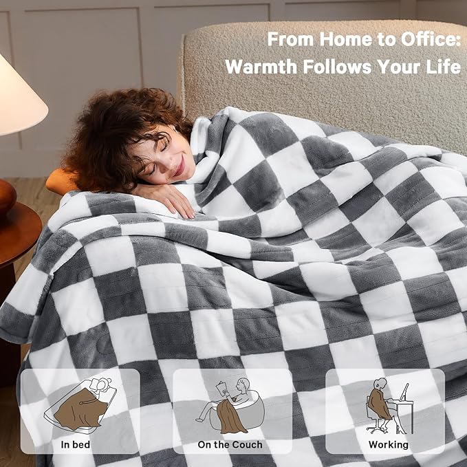 Heated Electric Blanketc Throw, 50X60 Heating Blanket with 10 Heat Level & 8 Hour Auto Off for Lap, Light Gray Checkered Plaid Sherpa Blankets Warmer Gift for Couch Grandma Women Adults Washable, ETL