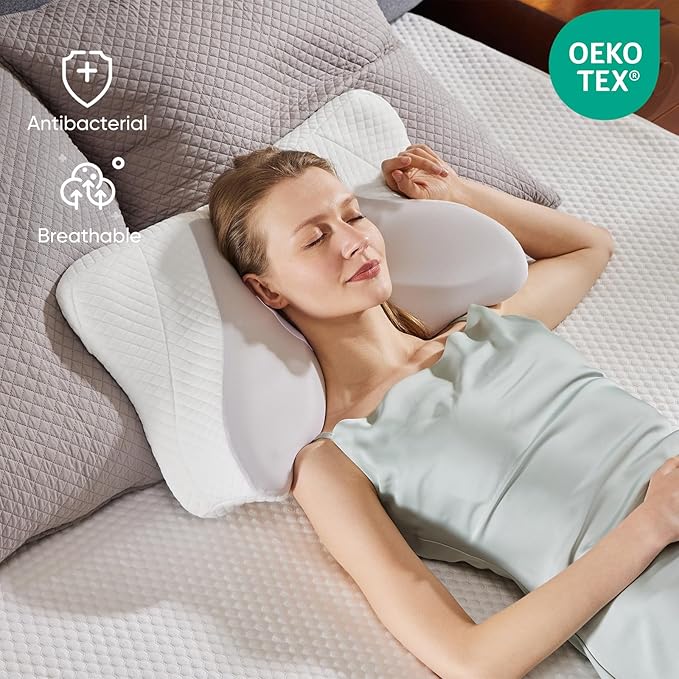 DUMOS Cervical Neck Pillow Set of 2, Cooling Memory Foam Contour Pillow with Arm Rest Slot and Ice Silk Pillowcase, Ergonomic Dual-Height Orthopedic Support for Side, Back, and Stomach Sleepers, Grey