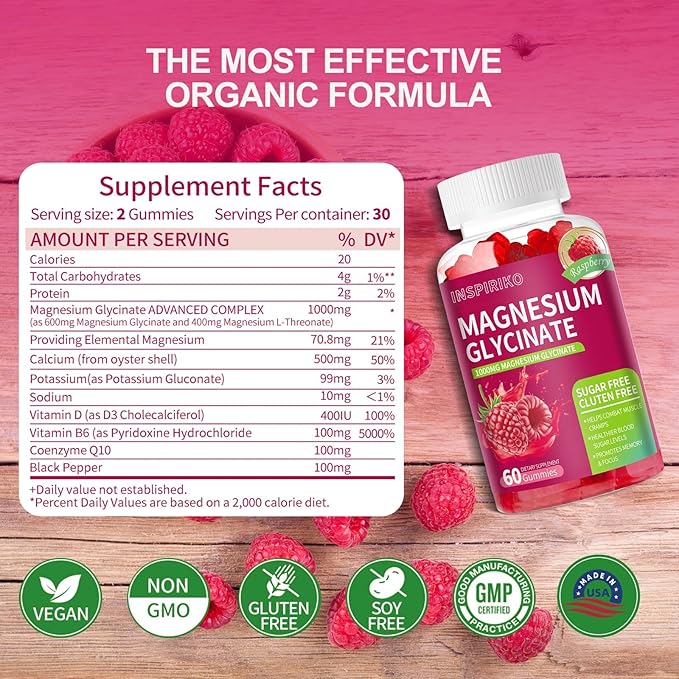 Magnesium Glycinate Gummies 1000mg - Sugar-Free Magnesium Potassium Supplement with Vitamin D, B6, CoQ10 for Adults & Kids,High Absorption for Calm Mood & Sleep Support - 60 Raspberry Gummies
