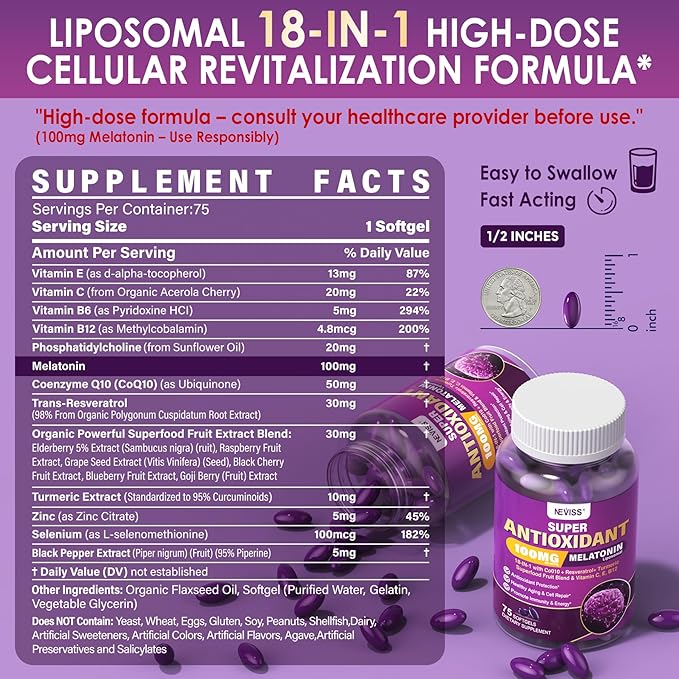 Melatonin 100mg for Antioxidant & Cognitive Health, Ultra High Dose Melatonin with CoQ10, Turmeric, Trans-Resveratrol, Vitamin B12 C E for Brain Anti-Aging, Cellular Repair and Energy, 75 Softgels