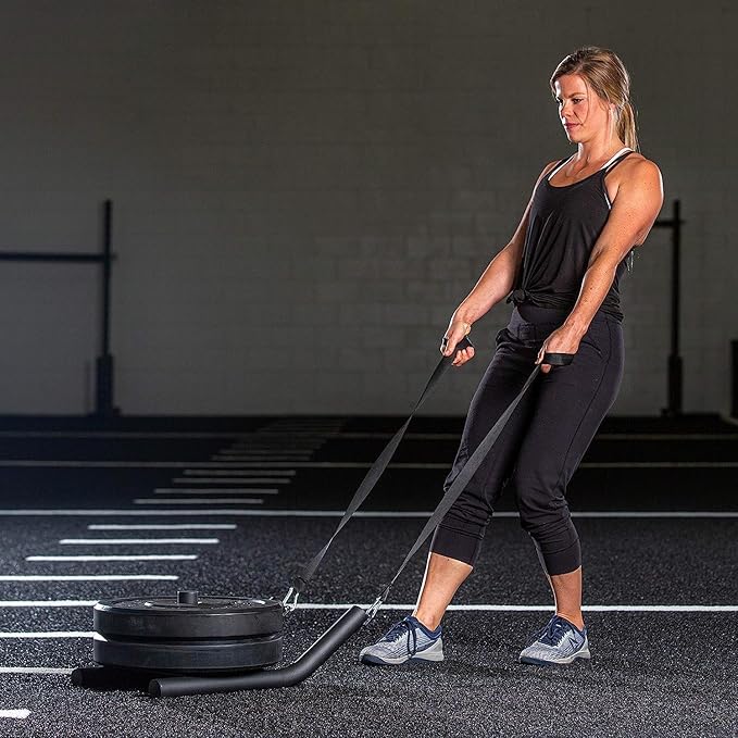 R2 Weight Training Pull Sled with Harness. 90 LBS Capacity & 6.5 Feet Strap. Power Speed Sled Ideal for Endurance and Weight Training. Compatible with Bumper Plates (Black)
