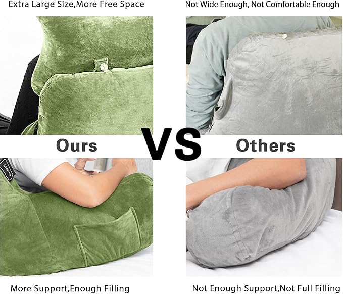 SLIGUY Reading Pillow for Sitting in Bed Couch Adult, Back Pillow with arm Support and Pockets, Adult Back Pillow Bed Chair for Rest, Reading, Watching TV, Gaming for Boys and Girls Green