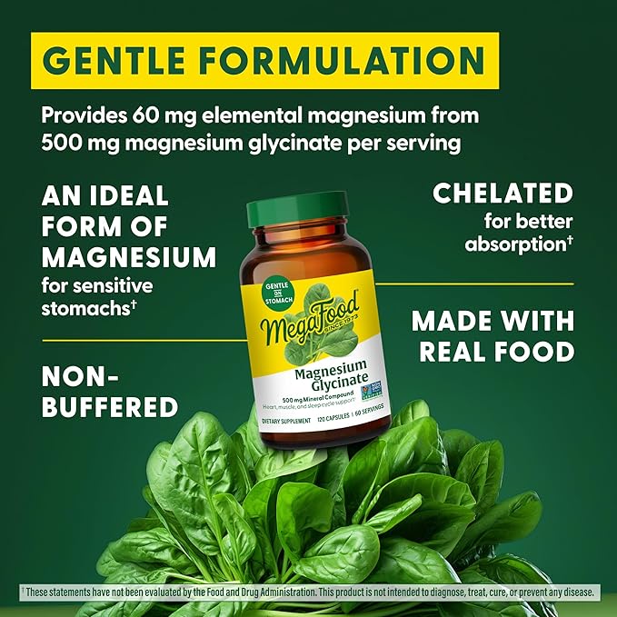 MegaFood Magnesium Glycinate 500mg - Chelated Magnesium Supplement - 60mg Elemental Magnesium - Gentle on the Stomach - Supports Normal Sleep Cycle & Healthy Stress Response - 120 Capsules 60 Servings