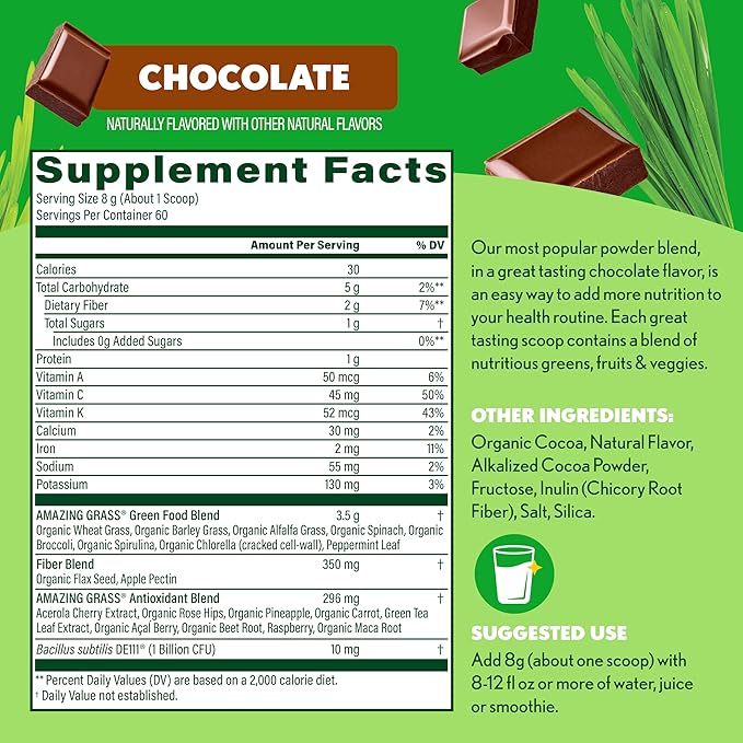Amazing Grass Greens Superfood Powder: Greens Powder with Digestive Enzymes & Probiotics, Organic Spirulina, Chlorella, and Beet Root Powder, Chocolate, 60 Servings