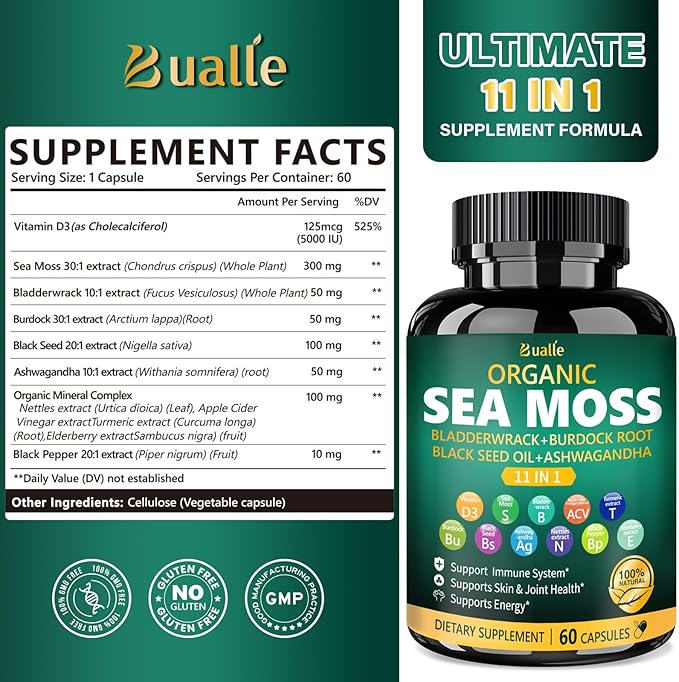 Organic Sea Moss Capsules with Black Seed Oil, Ashwagandha, Bladderwrack, Ginger & Burdock Root – Herbal Complex for Daily Wellness – 60 Capsules (1 Pack)