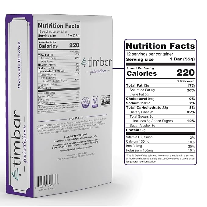 timbar Vegan Protein Bars 12 Pack | 12g Protein & 9g Fiber Plant Based- Energy & Nut Bars | Gluten Free, Non-GMO, Dairy Free, Healthy On-the-Go Snack & Meal Replacement (12 Packs, Chocolate Brownie)