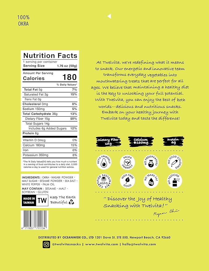 TwelVita Wholesome Baked Wasabi Okra Crisps, Vegan Snacks, Clean Label, Non-GMO, Gluten-Free, 1.76 oz ea, Pack of 4