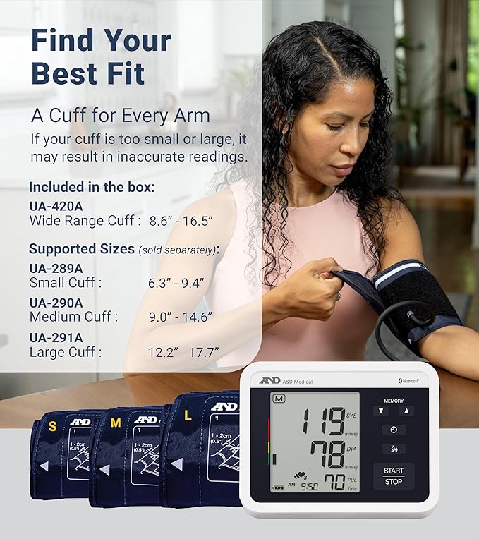 A&D Medical Voice-Guided Blood Pressure Monitor for Home Use with Bluetooth, UA-1040TBLE - Wide Range Cuff (8.6-16.5" / 22-42cm) Ideal for Visually Impaired - 3 Language Selections, Accessible